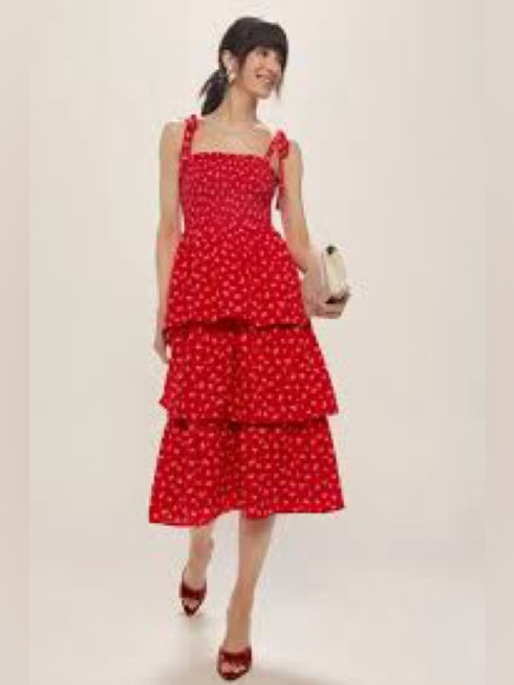 Francesca's Red Floral Smocked Midi Sundress | Tiered | Size M